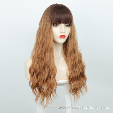 Synthetic Wigs None Lace For Women Heat Resistant Fiber Long Natural Wavy Hair With Bangs Ombre Color High Quality  Middle Part